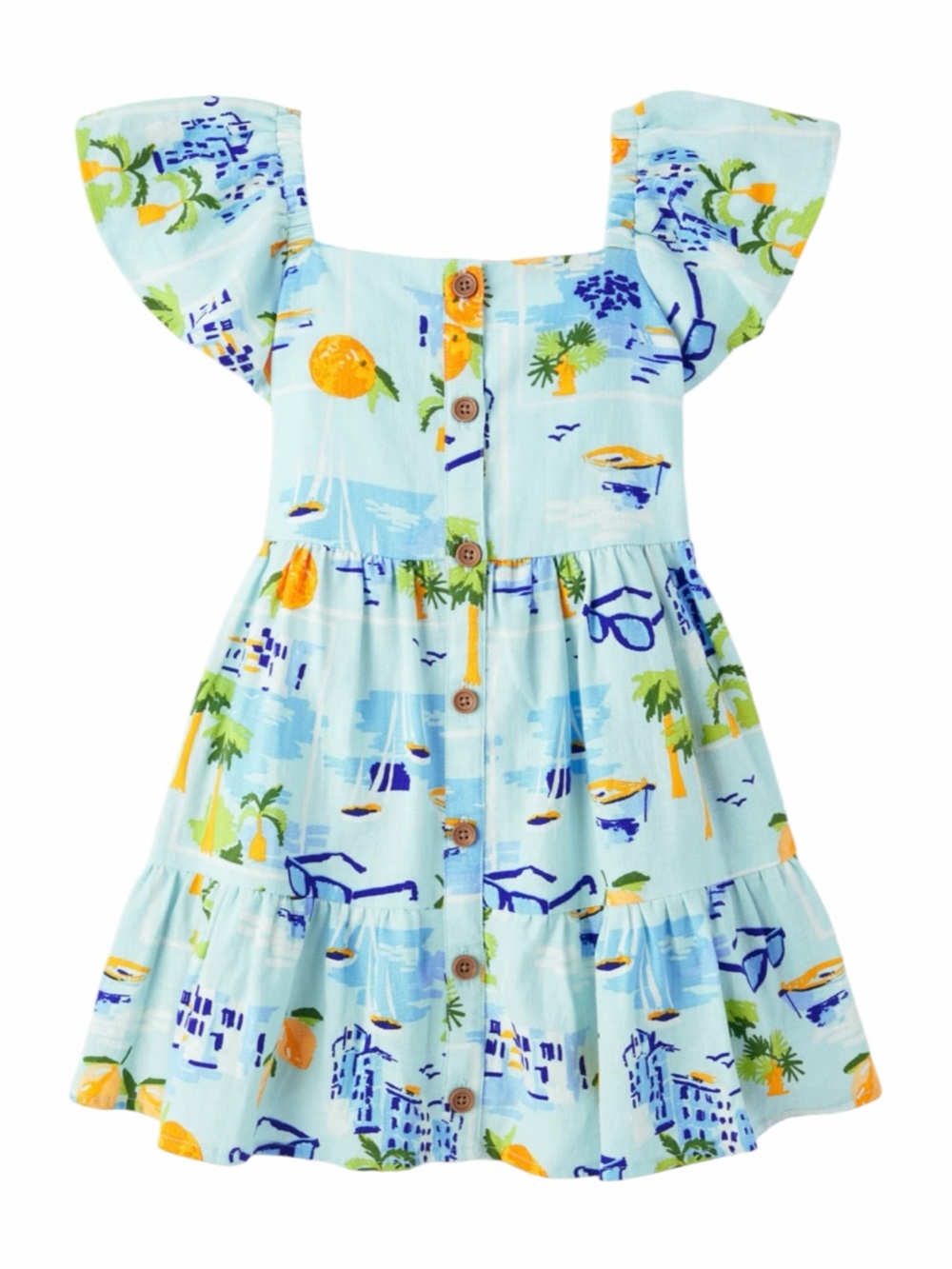Gymboree Travel Print Linen Blend Tiered Flutter Sleeve Dress Girls 10